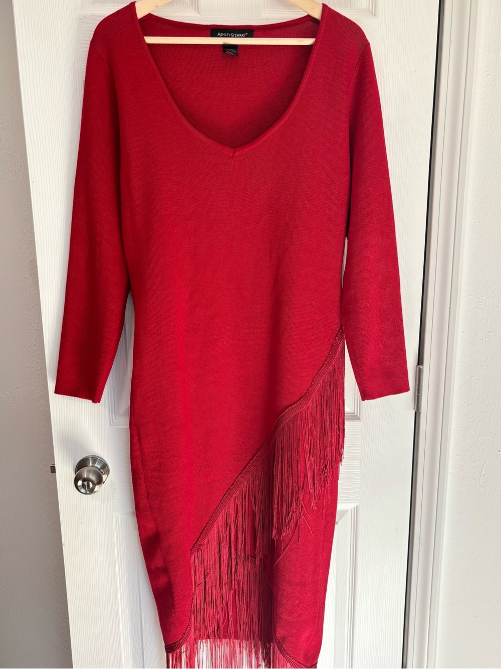 Longsleeve crimson red v neck dress with fringe hem, Ashley Stewart 14/16